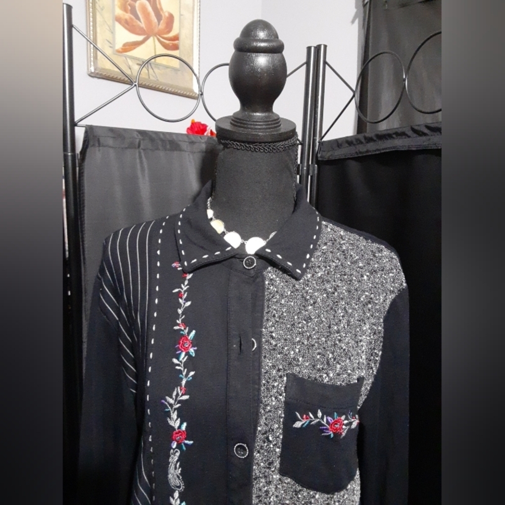 Teddi Vintage Look Women's Shirt Button Up Black Colorblock Small Boho Hippie - Picture 2 of 8